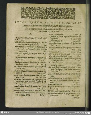 Index Rerum Et Materiarum In Aurora Medicorum comprhensarum absolutißimus