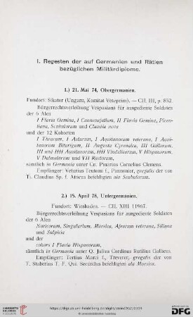 I. Regesten der auf Germanien und Rätien bezüglichen Militärdiplome