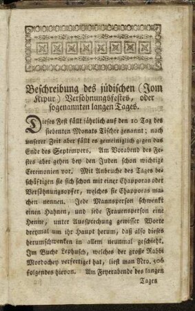 Beschreibung des jüdischen (Jom Kipur) Versöhnungsfestes, oder sogenannten langen Tages.