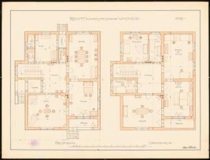 Entwurf zu einem freistehenden Wohnhaus: Grundriss Erdgeschoss, Obergeschoss, 1:50