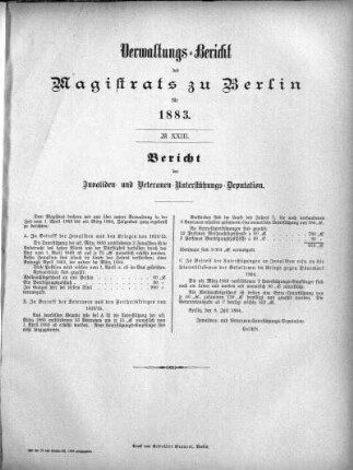 No. XXIII. Bericht der Invaliden- und Veteranen-Unterstützungs-Deputation