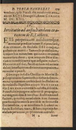 IV. Invitatio ad auscultandam crationem de B. Luthero.