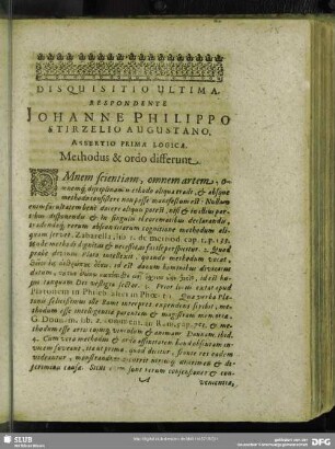 Disquisitio Ultima. Respondente Johanne Philippo Stirzelio Augustano