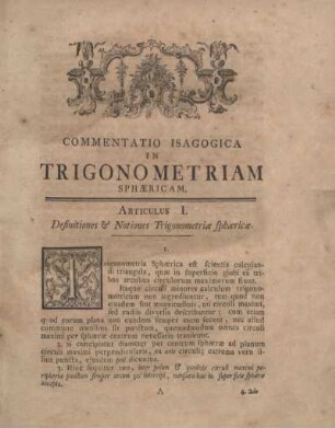 Commentatio Isagogica In Trigonometriam Sphaericam.