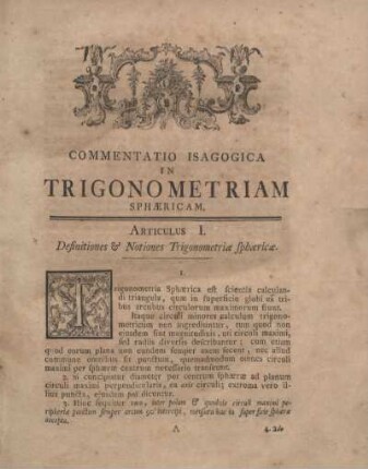 Commentatio Isagogica In Trigonometriam Sphaericam.