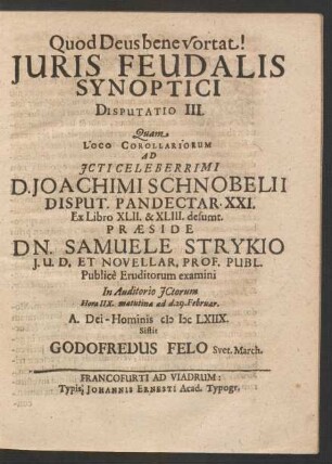 3: Iuris Feudalis Synoptici Disputatio III.