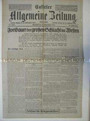 Regionale Tageszeitung "Casseler Allgemeine Zeitung" mit Meldungen und Berichten von verschiedenen Kriegsschauplätzen im Westen