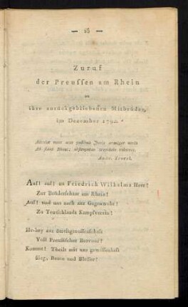 [2.] Zuruf der Preussen am Rhein an ihre zurückgebliebenen Mitbrüder, im December 1792
