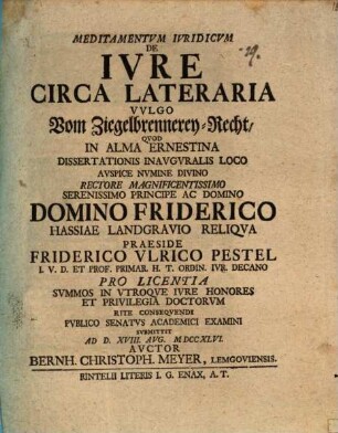Meditamentvm Ivridicvm De Ivre Circa Lateraria Vvlgo vom Ziegelbrennerey-Recht