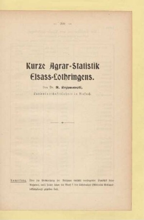 Kurze Agrar-Statistik Elsass-Lothringens