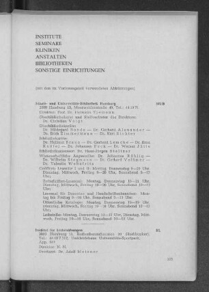 Institute, Seminare, Kliniken, Anstalten, Bibliotheken, Sonstige Einrichtungen