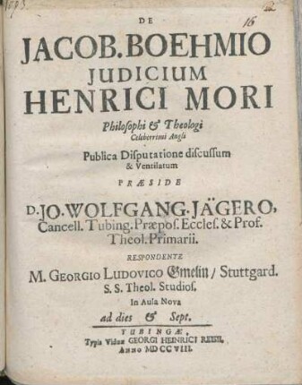 De Jacob. Boehmio Judicium Henrici Mori Philosophi & Theologi Celeberrimi Angli
