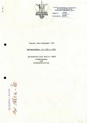Programm IBA 1987: Papier zur Arbeitstagung 27. - 28.2.1985