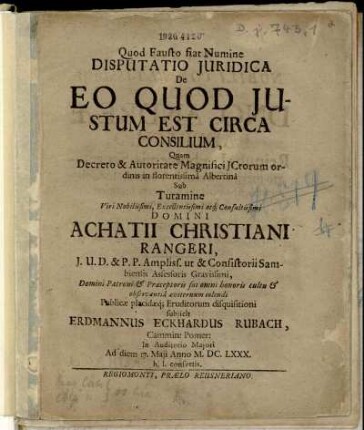 Disputatio Iuridica De Eo Quod Iustum Est Circa Consilium