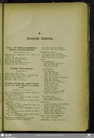I. Behördenverzeichnis : I. Königliche Behörden