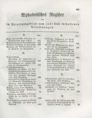 Alphabetisches Register der im Verordnungsblatt vom Jahr 1856 enthaltenen Verordnungen