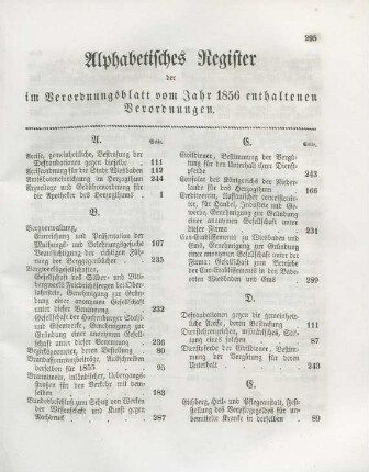 Alphabetisches Register der im Verordnungsblatt vom Jahr 1856 enthaltenen Verordnungen