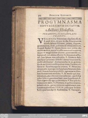 Progymnasma Septuagesimum Octavum. Auctores scholastici. Venantius, Florianus, Epiphanius.