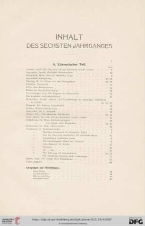 Inhalt des sechsten Jahrganges