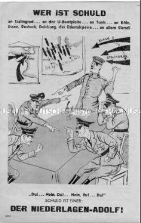 Illustriertes sowjetisches Abwurf-Flugblatt mit einer Karikatur auf die Nazi-Führer