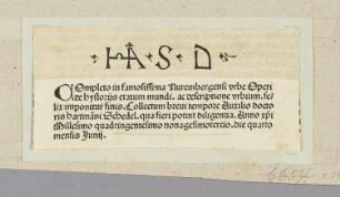 Monogramm Hartmann Schedels, aus: Hartmann Schedel, "Registrum huius operis libri cronicarum cu figuris et ymagibus ab inicio mudi", Nürnberg 12.7.1493, S. III