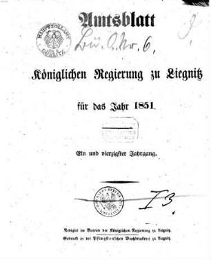Amts-Blatt der Preußischen Regierung zu Liegnitz. 1851 = Jg. 41