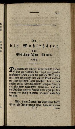An die Wohlthäter der Göttingischen Armen. 1789.