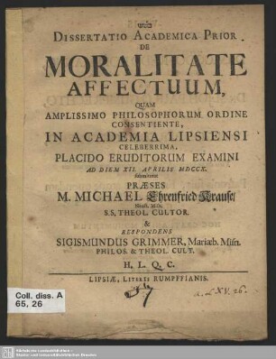 1: Dissertatio Academica ... De Moralitate Affectuum