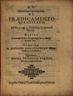 Disputationum Logicarum ..., 6. De Praedicamento Qvantitatis
