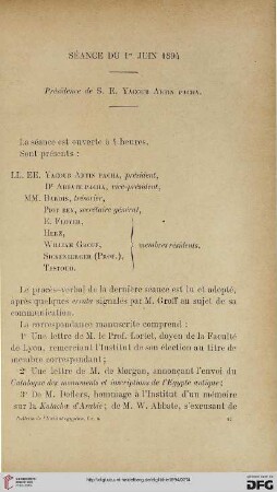Séance du 1er juin 1894: présidence S. E. Yacoub Artin Pacha