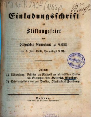 Einladungsschrift zur Stiftungsfeier des Herzoglichen Gymnasiums zu Coburg. 1856