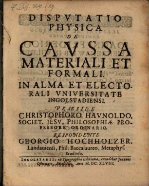 Dispvtatio Physica De Cavssa Materiali Et Formali