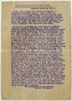 Maschinenschriftliches Blatt mit Nachrichten und einer Verordnung von Lüttwitz aus der Zeit des Kapp-Putsches
