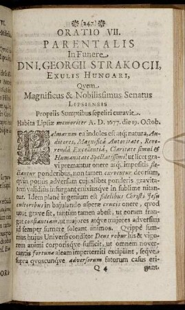 Oratio VII. Parentalis In Funere Dni. Georgii Strakocii, Exulis Hungari, Qvem Magnificus & Nobilissimus Senatus Lipsiensis Propriis Sumptibus sepeliri curavit.