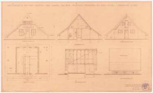 Garten Fraenkel, Berlin-Kladow: Geflügelhaus Garten Fraenkel, Vorderansicht, Querschnitt, Rückansicht, Grundriss, Längsschnitt und Seitenansicht 1:50, Vermerk