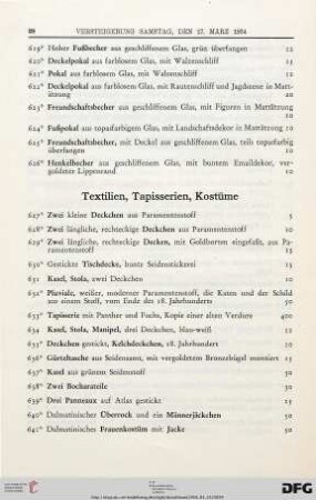 Textilien, Tapisserien, Kostüme (Nr. 627-683)