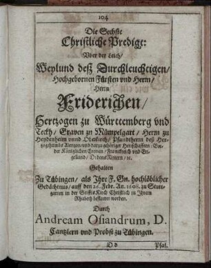 Die Sechste Christliche Predigt: Uber der Leich weylund deß ... Herrn Friderichen, Hertzogen zu Württemberg und Teckh ...