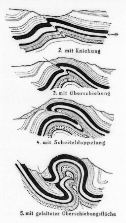 Entstehung einer gefalteten Gewölbescheitelüberschiebung, Schema (A. Heim) : Geologie | Tektonik | Verwerfungen