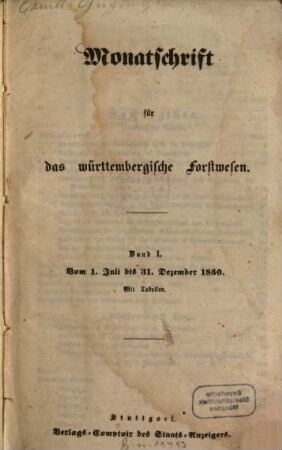 Monatschrift für das württembergische Forstwesen. 1, 1. 1850