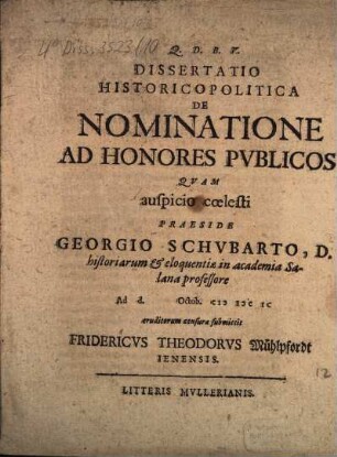 Dissertatio Historicopolitica De Nominatione Ad Honores Pvblicos