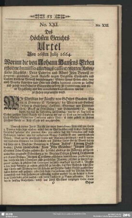 No. XXI. Des Höchsten Gerichts Urteil von 26sten Julij 1664