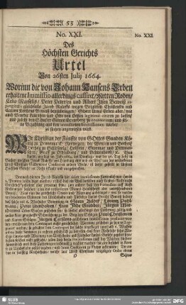 No. XXI. Des Höchsten Gerichts Urteil von 26sten Julij 1664