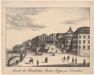 Die Treppe zur Brühlschen Terrasse vom Schlossplatz, rechts das Fürstenbergische Haus (Finanzhaus) und das Palais Brühl (um 1900 für Ständehaus abgerissen)