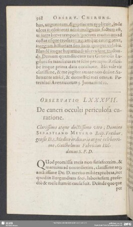 Observatio LXXXVIII. De Cancri occulti periculosa curatione