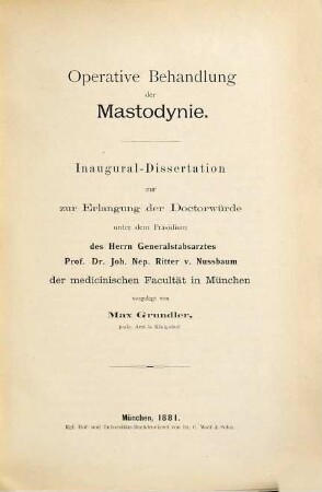Operative Behandlung der Mastodynie : Inaugural-Dissertation