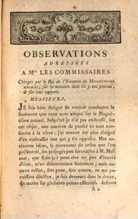 Observations Adressées A Mrs Les Commissaires Chargés par le Roi de l'Examen du Magnétisme Animal : sur la maniere dont ils y ont procédé, & sur leur rapport