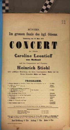 [Konzert-Programme des Königlichen Odeon in München und ähnlicher Münchener Veranstaltungen]. 22. 1872
