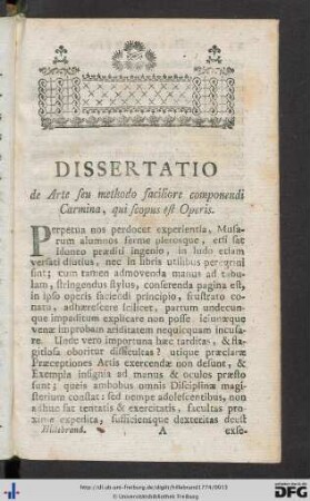 Dissertatio de Arte seu methodo faciliore componendi Carmina, qui scopus est Operis.