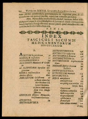 Index Fasciculi Secundi Medicamentorum Singularium.