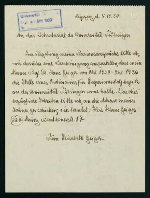 Schreben von Fr. Geiger bezügl. einer Bestätigung der Dienstzeit ihres Mannes (Nov. 1950) & Bescheinigung